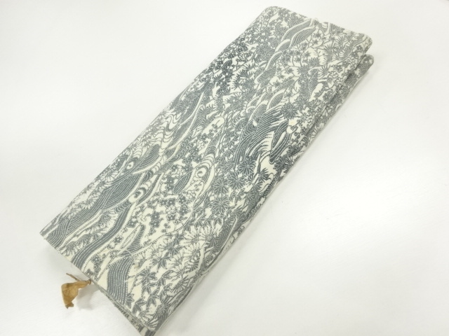 JAPANESE KIMONO / ANTIQUE ARAIHARI  FOR KIMONO / SILK / WOVEN WAVE & FLORAL PLANTS